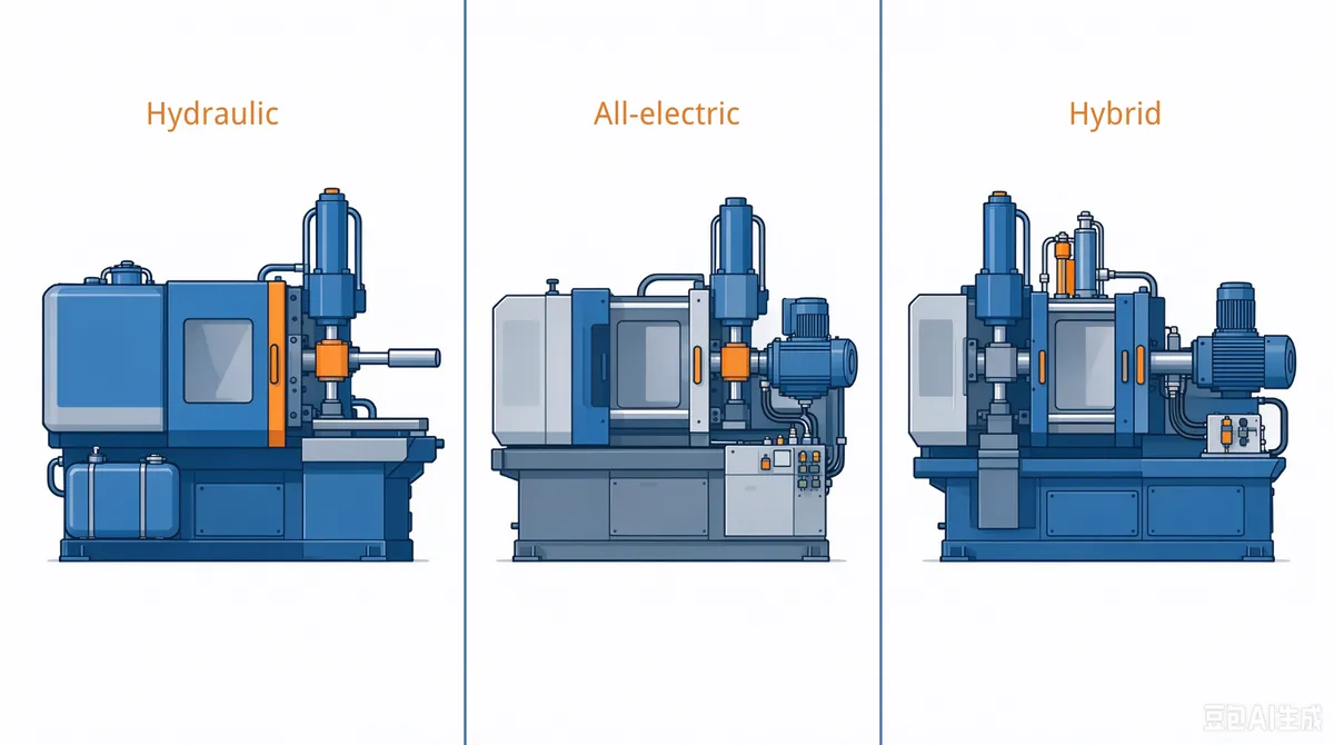 hydraulic vs all-electric vs hybrid injection molding machine comparison
