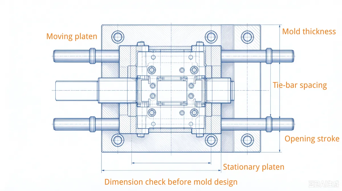mold dimensions tie bar spacing injection molding machine